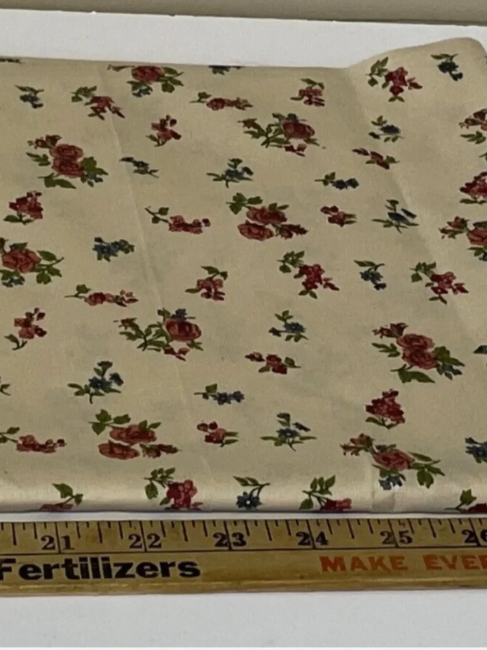 Vintage Pink Roses and Blue Flowers on Beige  Cotton Fabric by the HALF YARD